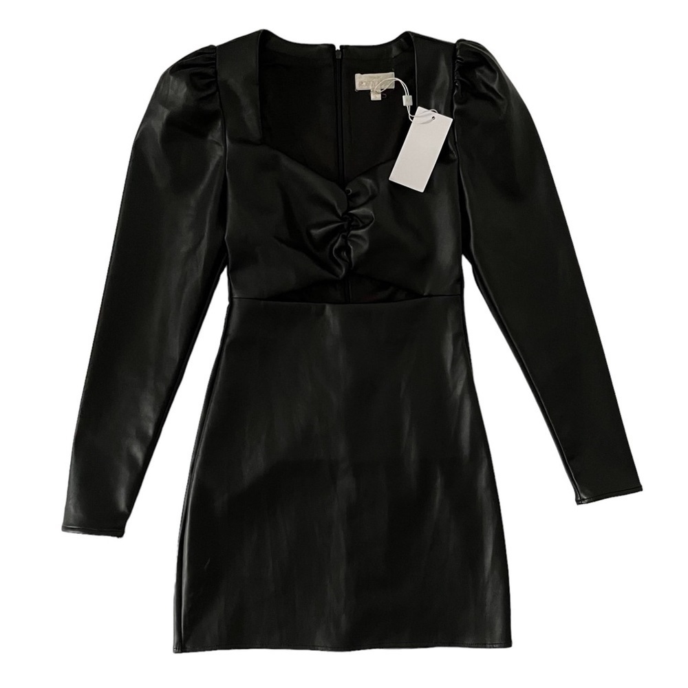 Torn Ronny Kobo Black Faux Leather Cut out puff shoulder mini dress vegan S